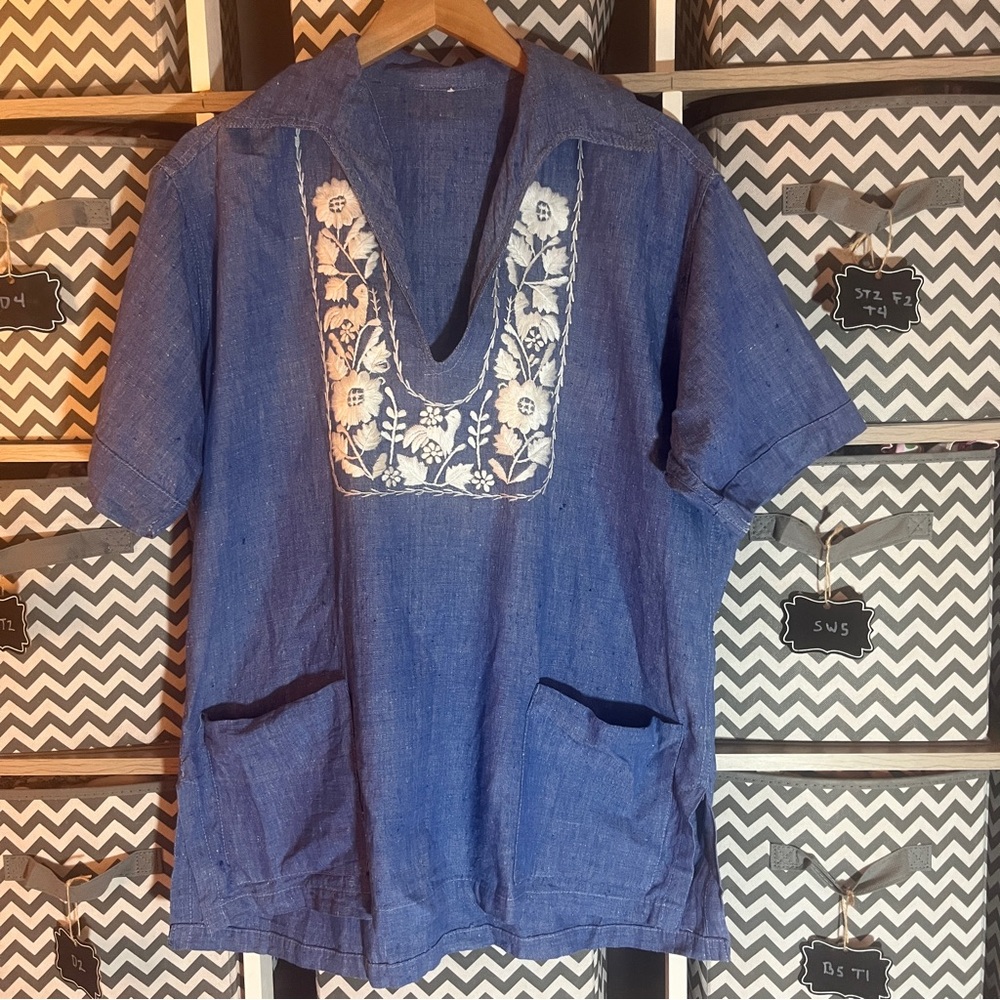American Vintage Blue Blouse with White Embroidery